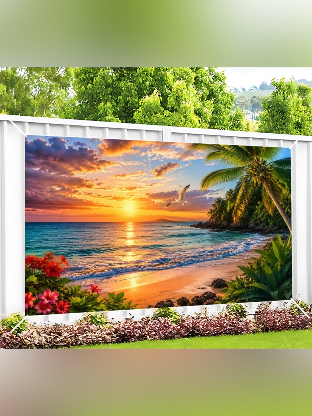 Tropical Sunset Beach 2D Photo Backdrop- Vibrant Orange & Blue